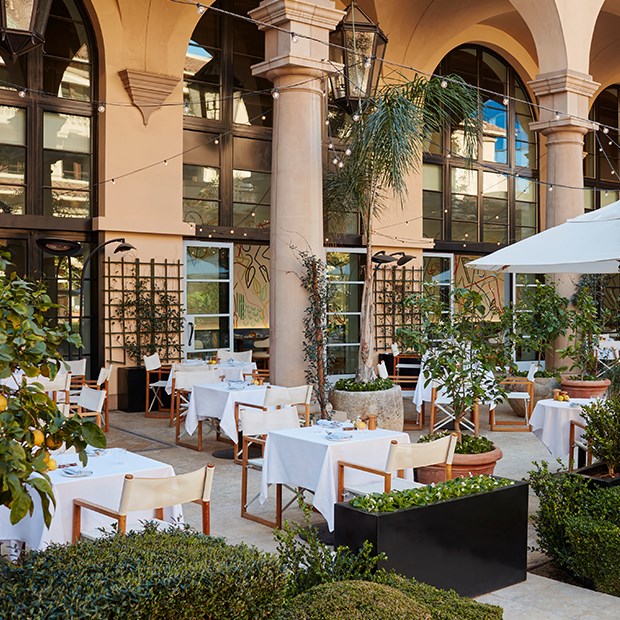 The outdoor dining area of the restaurant is decorated with abundant greenery, crafting charm.