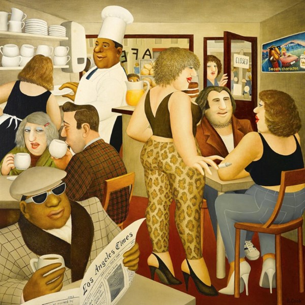 Drawing of people in a crowded cafe