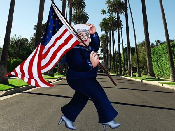 Drawing of woman in sailor outfit holding the American flag against a photo of a palm-tree lined street
