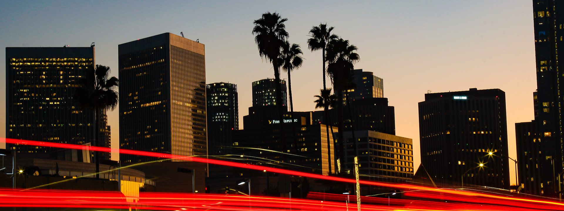Skyscrapers in Los Angeles with dusk lighting