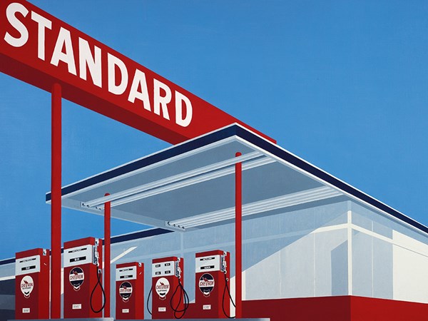 Minimalist art of a red gas station with a light blue sky. A sign reads: Standard.