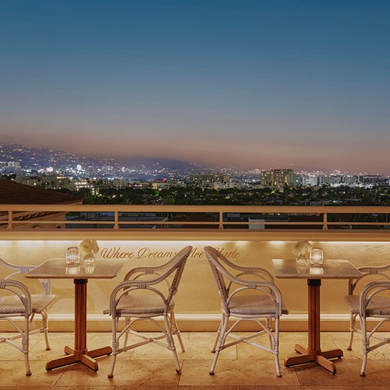 Rooftop dining with a view of the night skyline