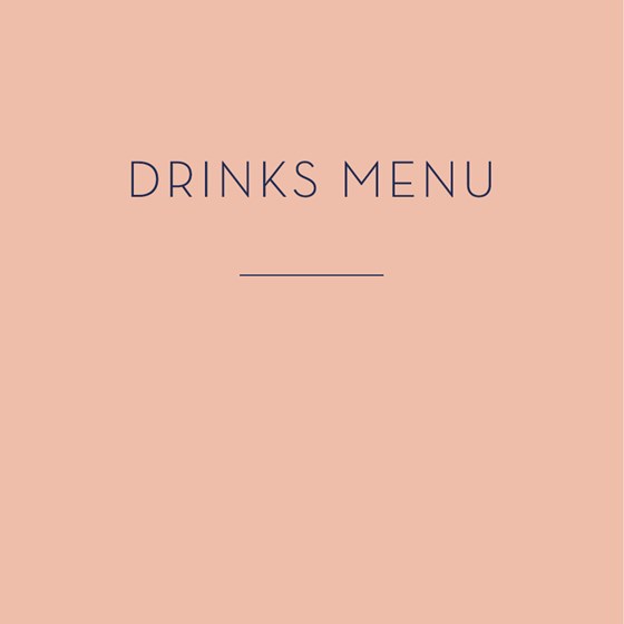 A pink image with dark blue text. Text: DRINKS MENU.