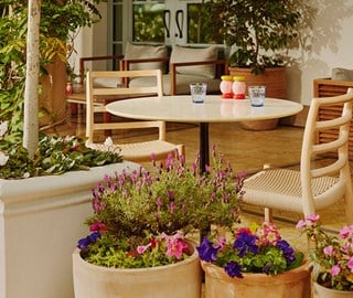 A Café table and chairs in an outside seating area of a restaurant surrounded by multi colored potted plants and flowers.
