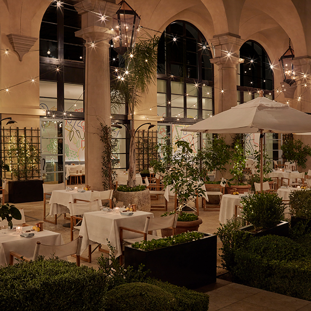 Restaurant patio at night with string lights