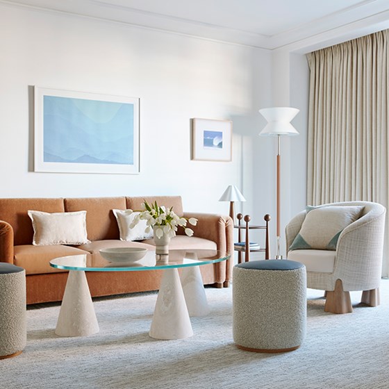 Sofa, glass coffee table, overhead portrait, corner lamp—elegantly harmonized for stylish arrangement.