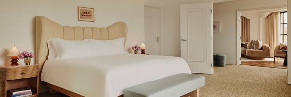 A king sized bed with white sheets. There are two wooden night stands with lamps and potted purple flowers.