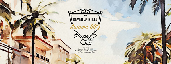 a watercolor drawing of beverly hills with palm trees and a city crest